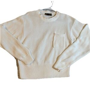 LIZSPORT Women's White Knit 100% Cotton Pullover Sweater M Long Sleeve Pocket